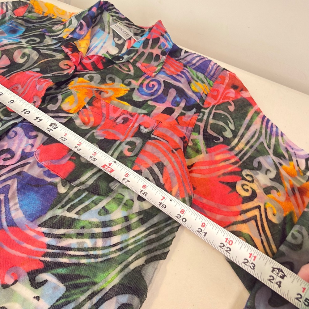 Chicos Abstract Burnout Button Down Shirt Multi Color‎ Sheer Blouse Size 0/ S - Picture 9 of 10